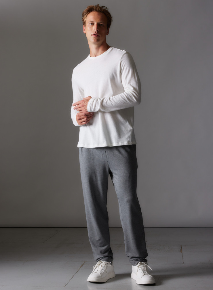 Grey Cotton / Cashmere Long Sleeve T-Shirt MEN|Majestic Filatures