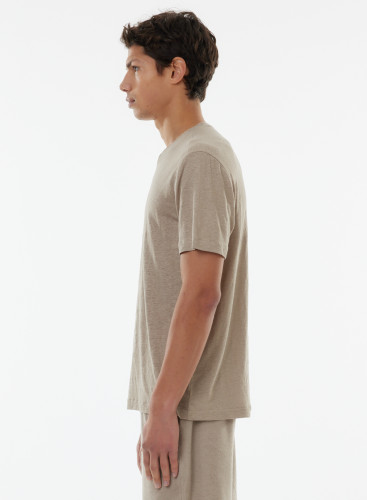T-Shirt mit V-Ausschnitt und kurzen Ärmeln aus Leinen / Elasthan