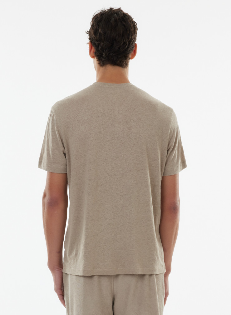 T-Shirt mit V-Ausschnitt und kurzen Ärmeln aus Leinen / Elasthan