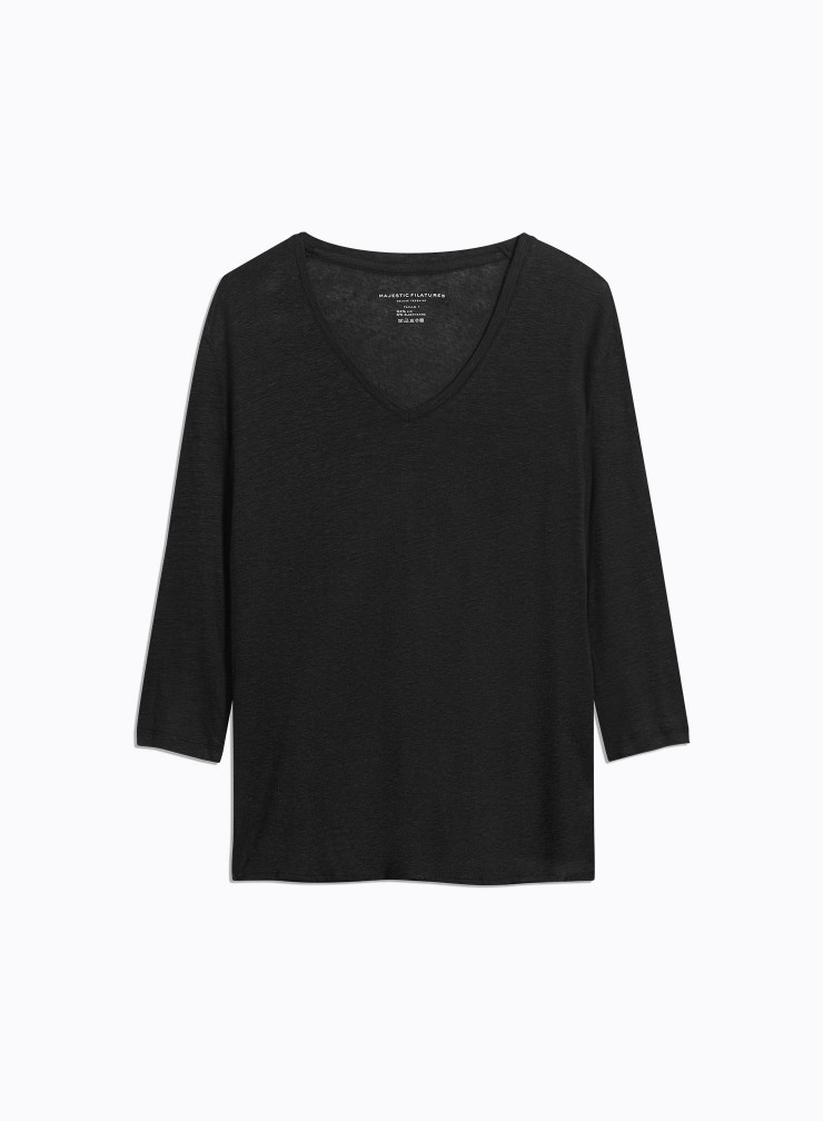 V-neck 3/4 sleeves t-shirt in Linen / Elastane