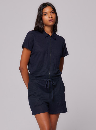 Short Sleeve Polo Collar Jumpsuit in Linen / Elastane