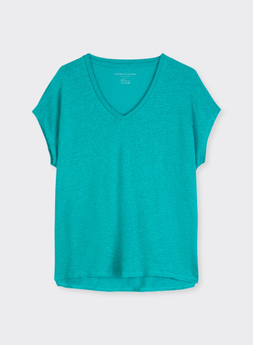 Short-sleeved V-neck T-shirt in Linen / Elastane