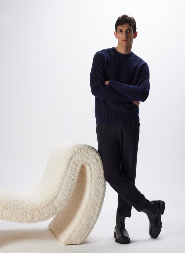 Navy blue Wool/Cashmere Ribbed Round Neck Pull MEN|Majestic Filatures